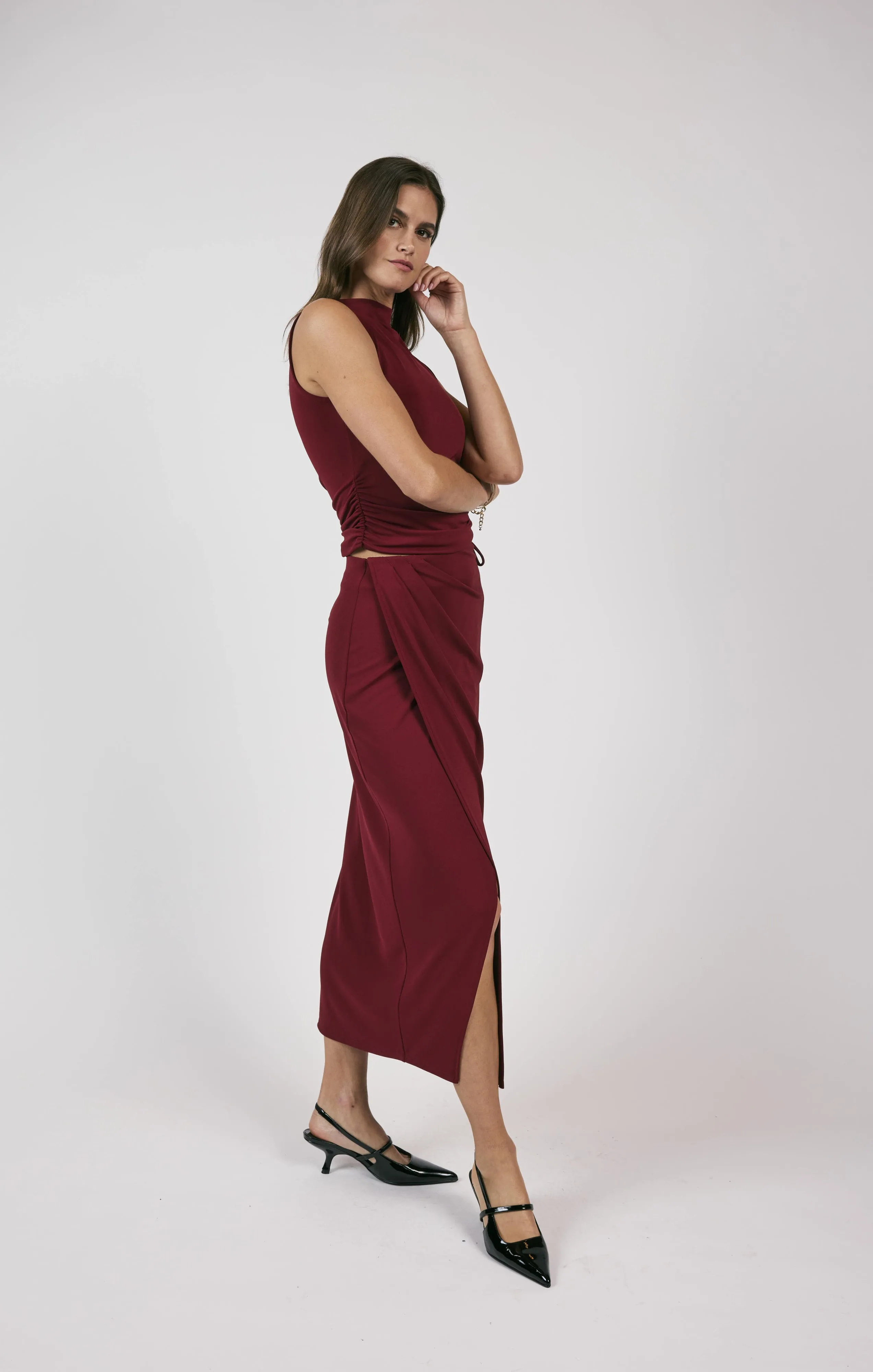 Fiery Spirit Pleated Overlap Knit Midi Skirt | Cabernet