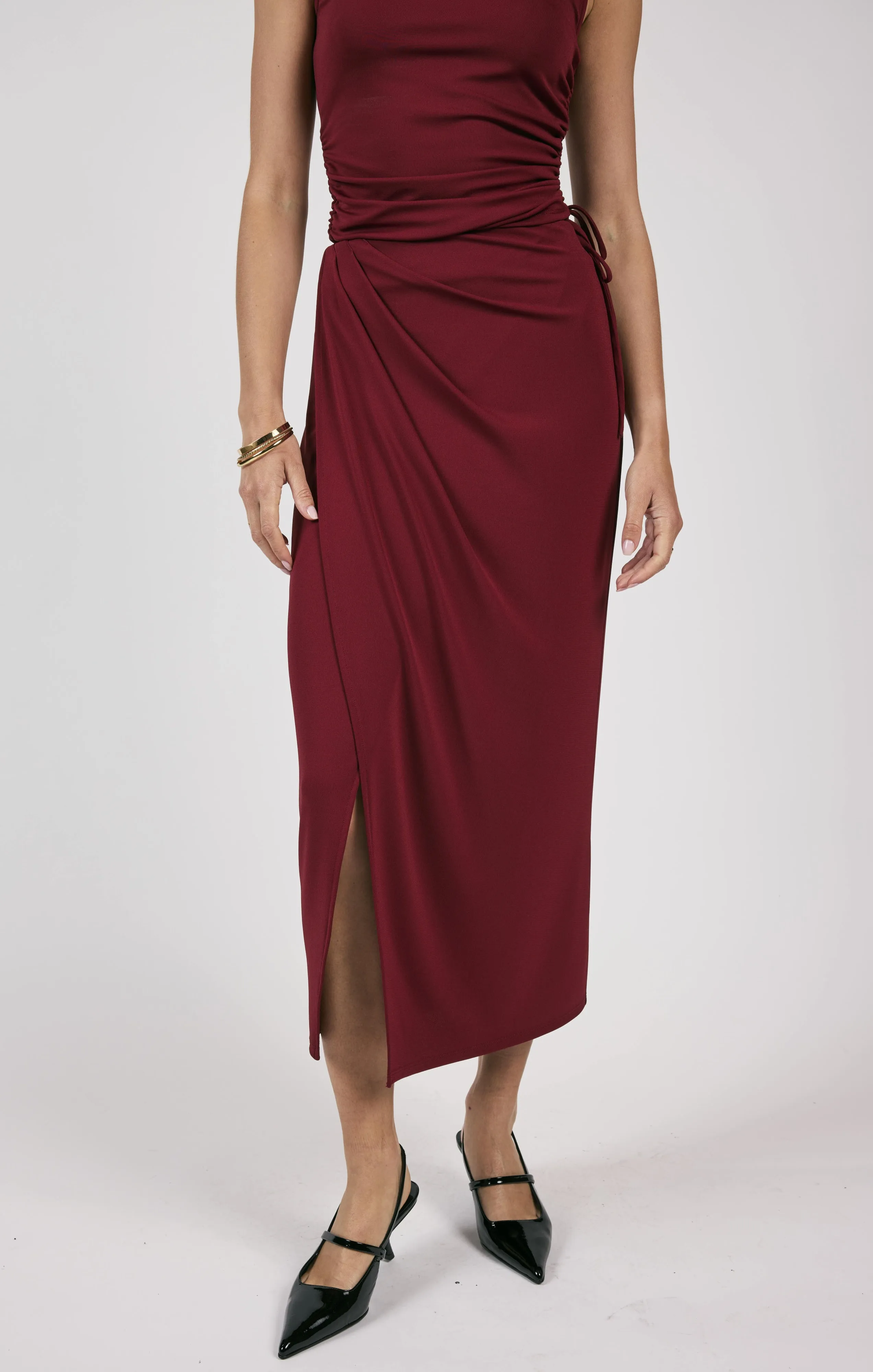 Fiery Spirit Pleated Overlap Knit Midi Skirt | Cabernet