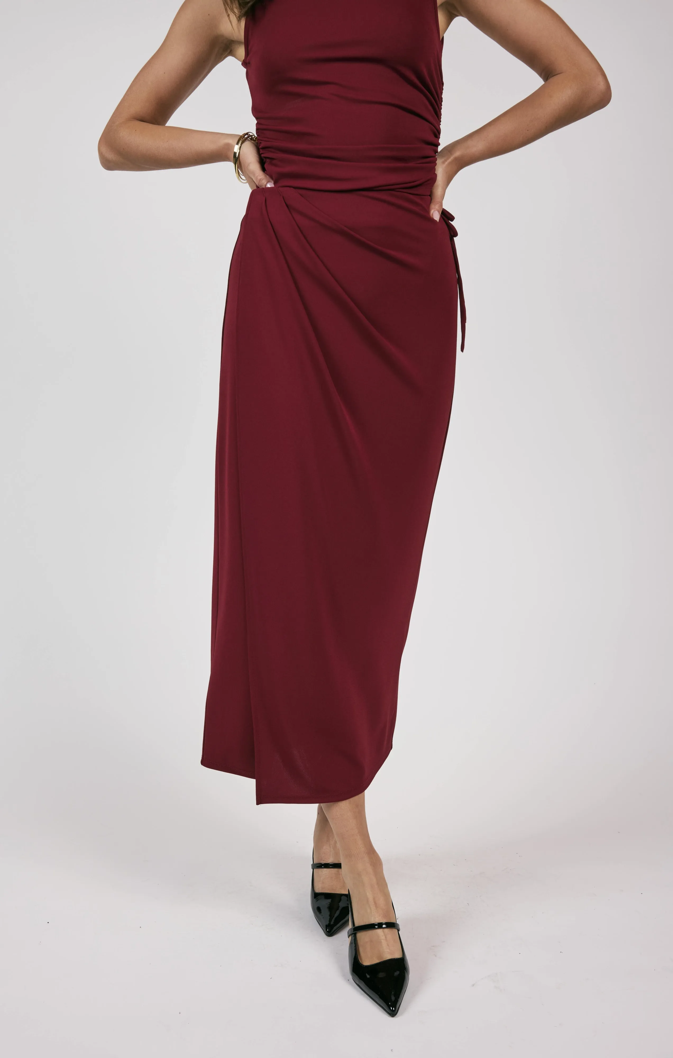 Fiery Spirit Pleated Overlap Knit Midi Skirt | Cabernet