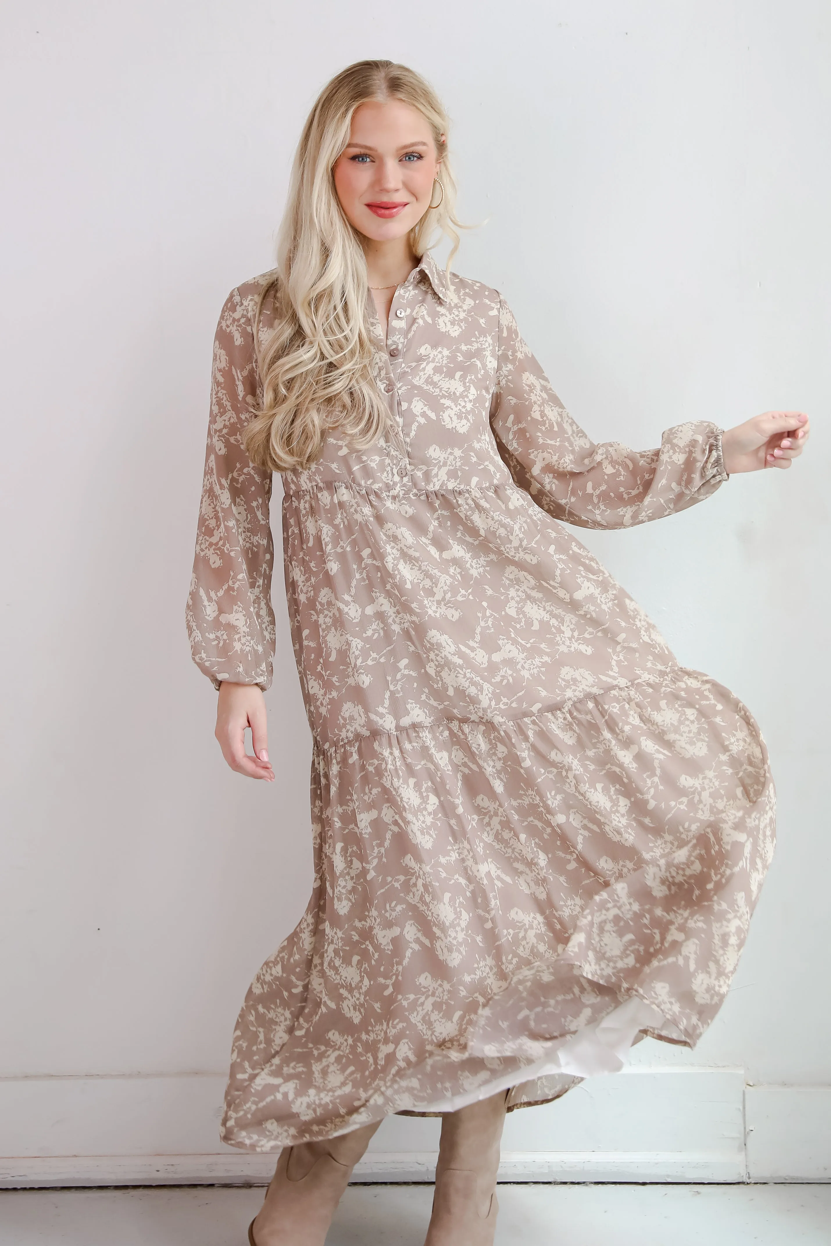 FINAL SALE - Impactful Elegance Taupe Floral Maxi Dress