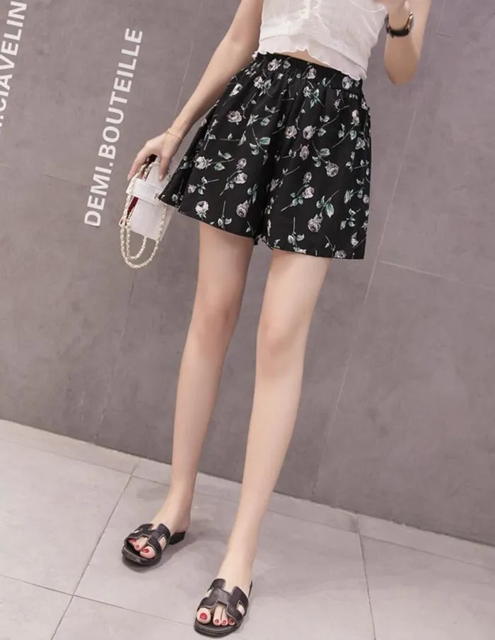 Floral Chiffon Shorts With Elastic Waist