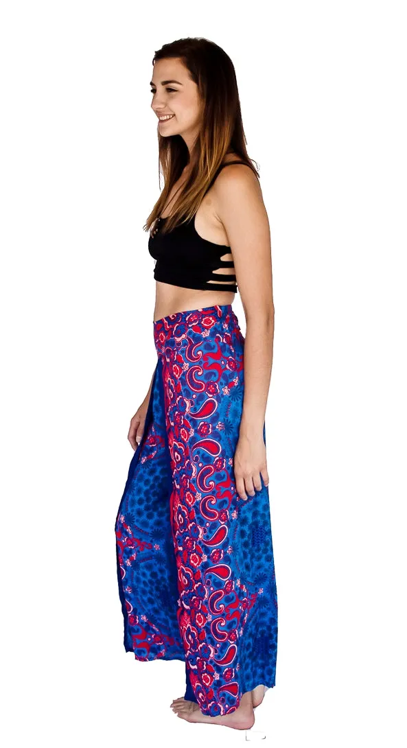 Flower Design Open Leg Pants in Blue