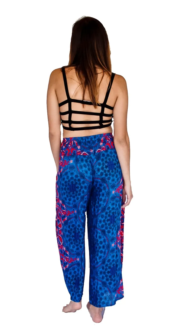 Flower Design Open Leg Pants in Blue