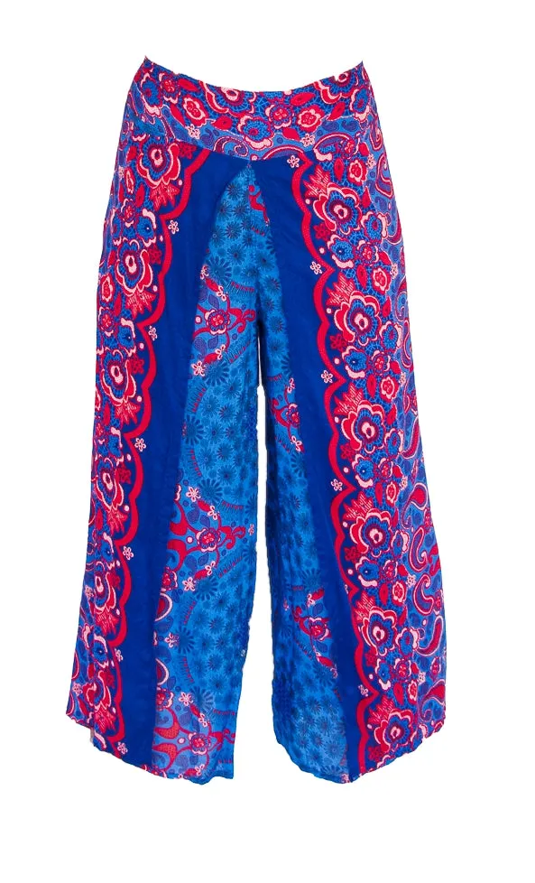 Flower Design Open Leg Pants in Blue