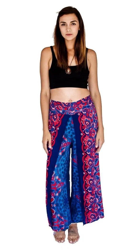 Flower Design Open Leg Pants in Blue