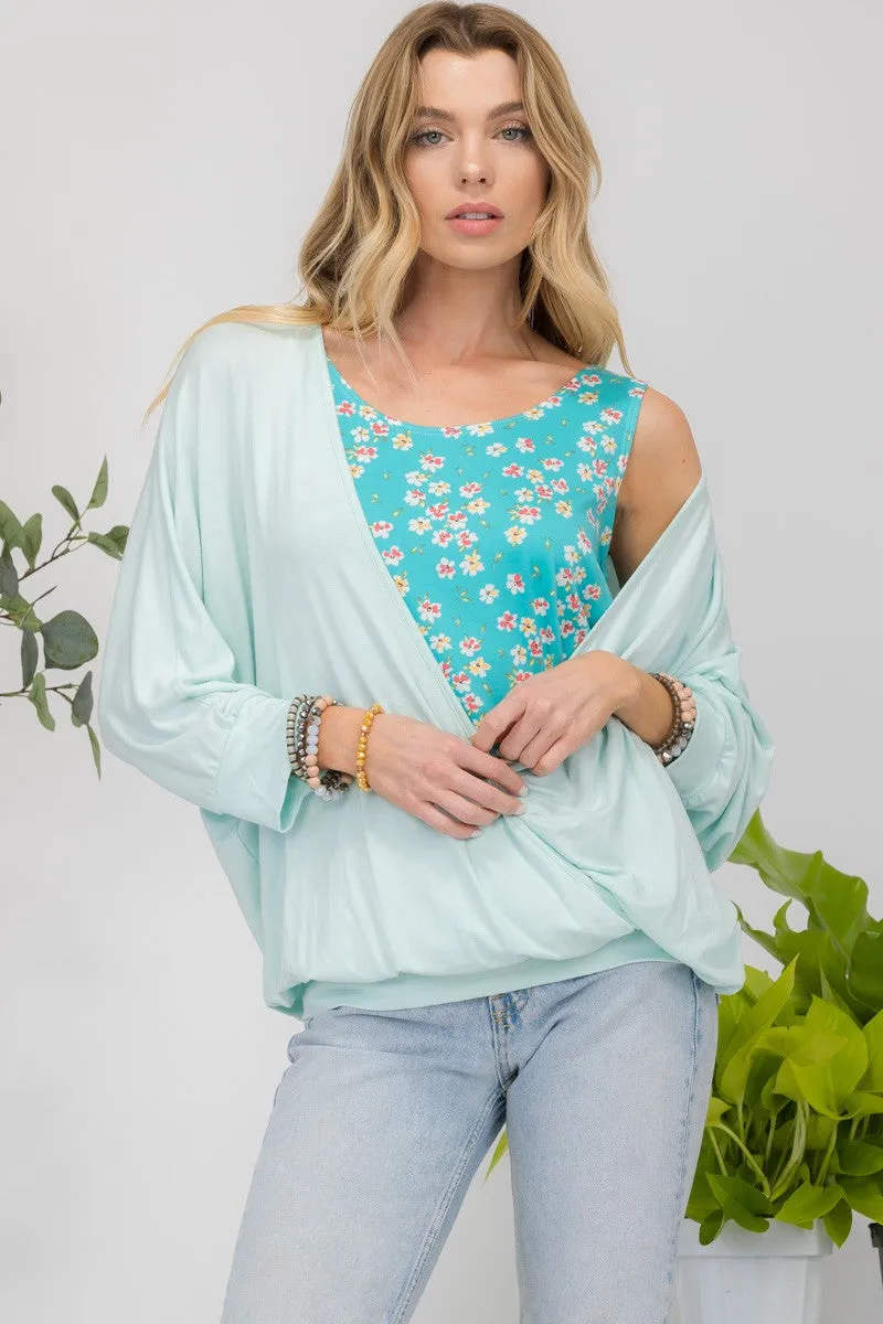 Full Size Floral Round Neck Top with Two Layer Detail