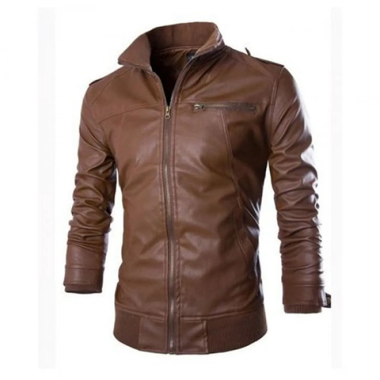 Genuine Leather Jacket with Brown Collar and HEM