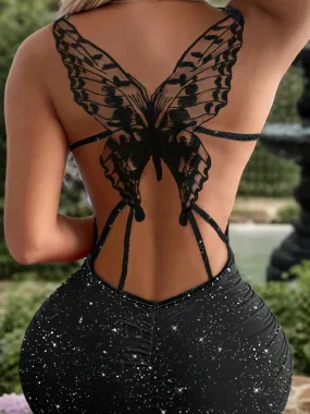 Glitter Butterfly Pattern Hollow Out Bodycon Dress, Elegant Sleeveless Backless Dress, Women's Clothing For Party Dressing