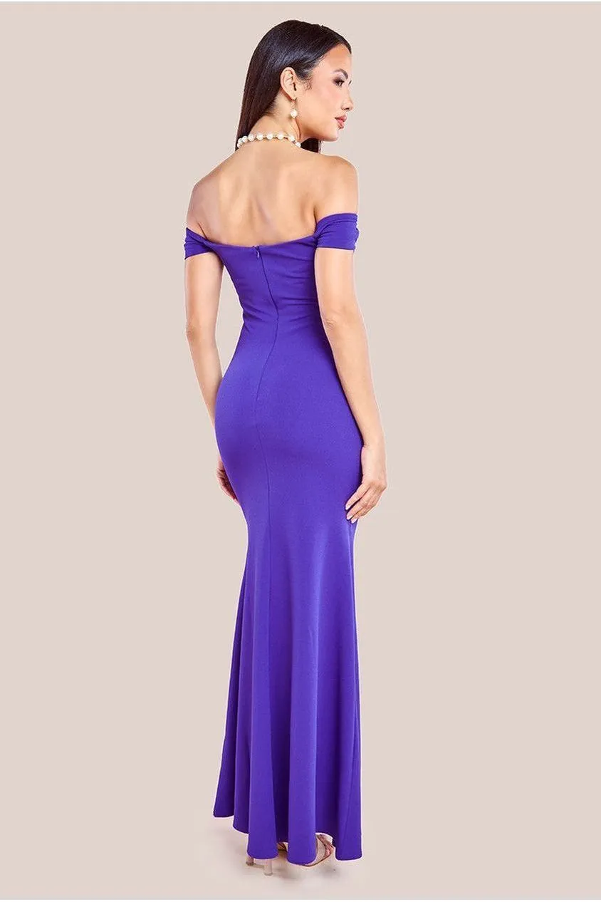 Goddiva Pleated Bardot Scuba Maxi Dress - Purple