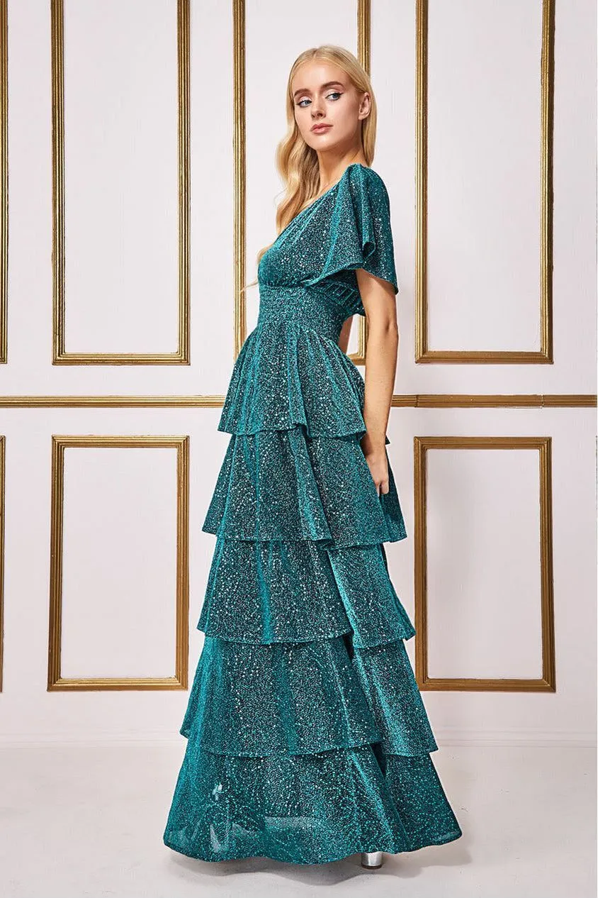 Goddiva Sequin Lurex Tiered Maxi Dress - Teal Blue