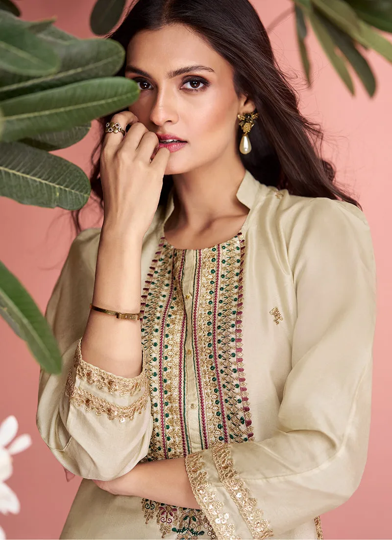 Golden Beige Floral Embroidery Pakistani Pant Style Suit