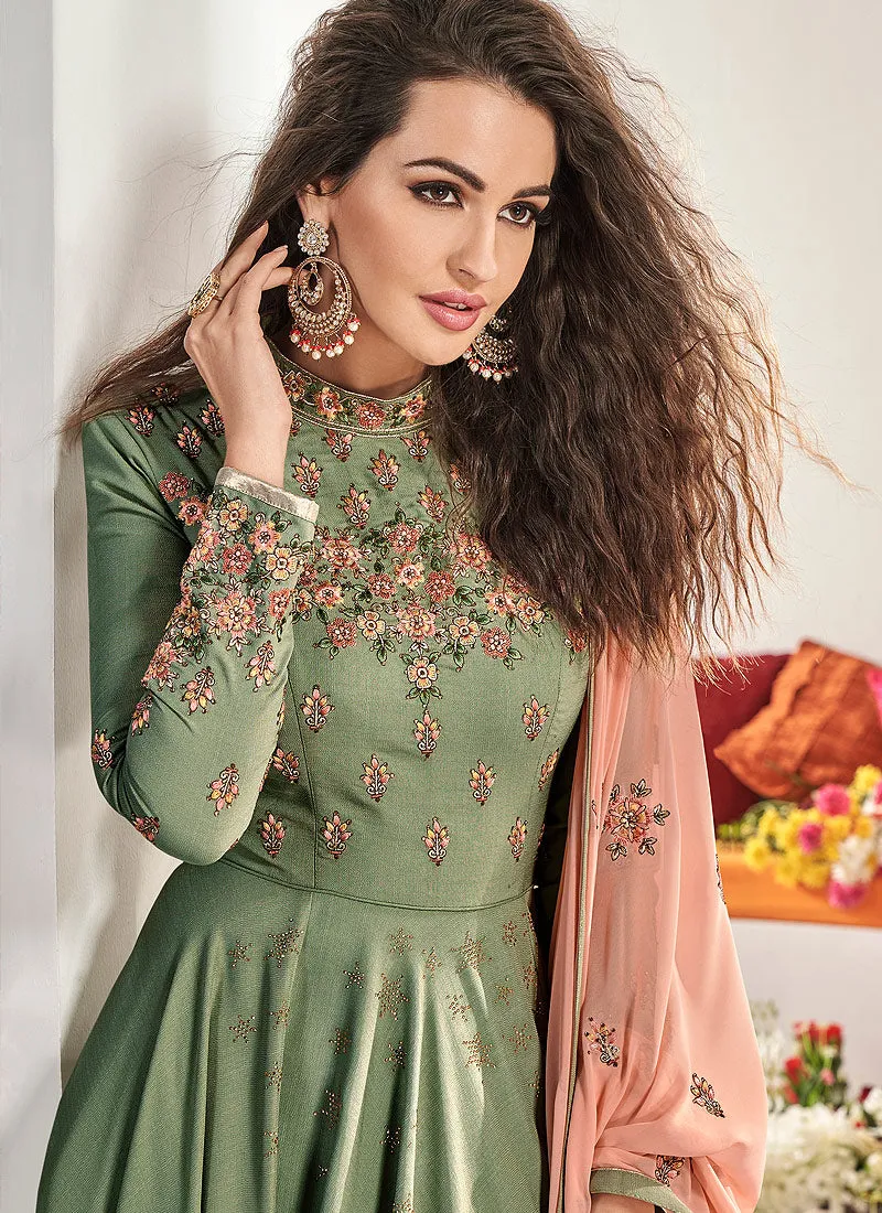 Green And Peach Traditional Embroidered Anarkali Suit