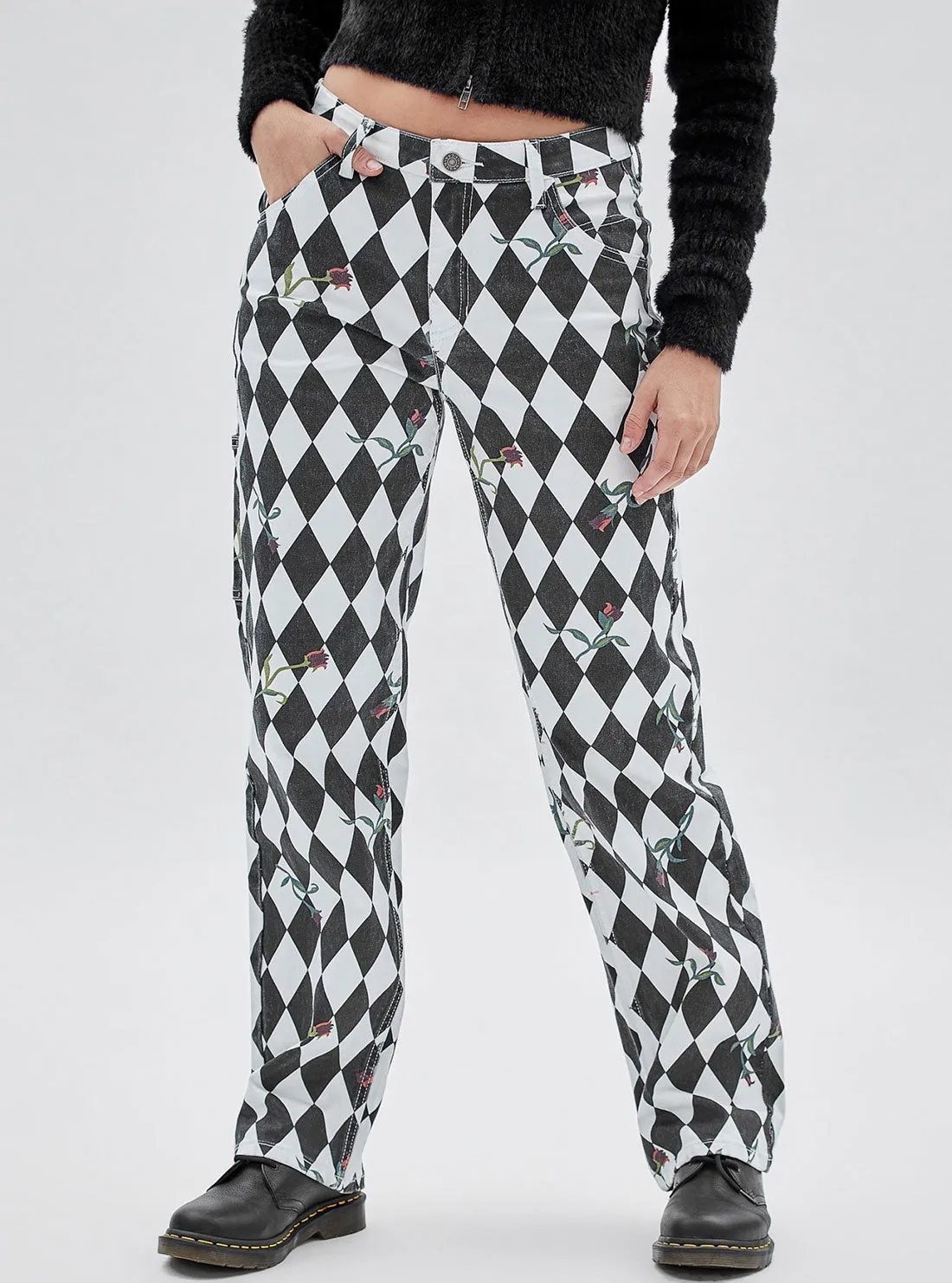 Guess Originals Black Multi Rose Diamond Carpenter Pants