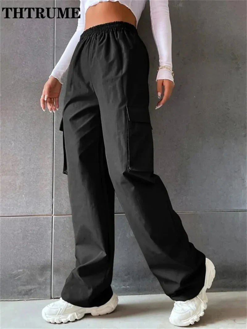 High Street Vintage Pants Fashion Solid High Elastic Waist Pocket Straight Cargo Pant Casual Office Lady Streetwear Y2K Trousers