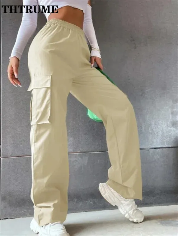 High Street Vintage Pants Fashion Solid High Elastic Waist Pocket Straight Cargo Pant Casual Office Lady Streetwear Y2K Trousers