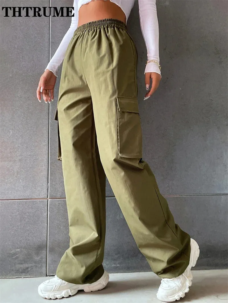 High Street Vintage Pants Fashion Solid High Elastic Waist Pocket Straight Cargo Pant Casual Office Lady Streetwear Y2K Trousers