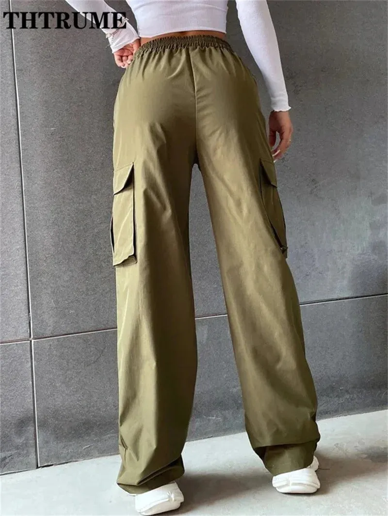 High Street Vintage Pants Fashion Solid High Elastic Waist Pocket Straight Cargo Pant Casual Office Lady Streetwear Y2K Trousers