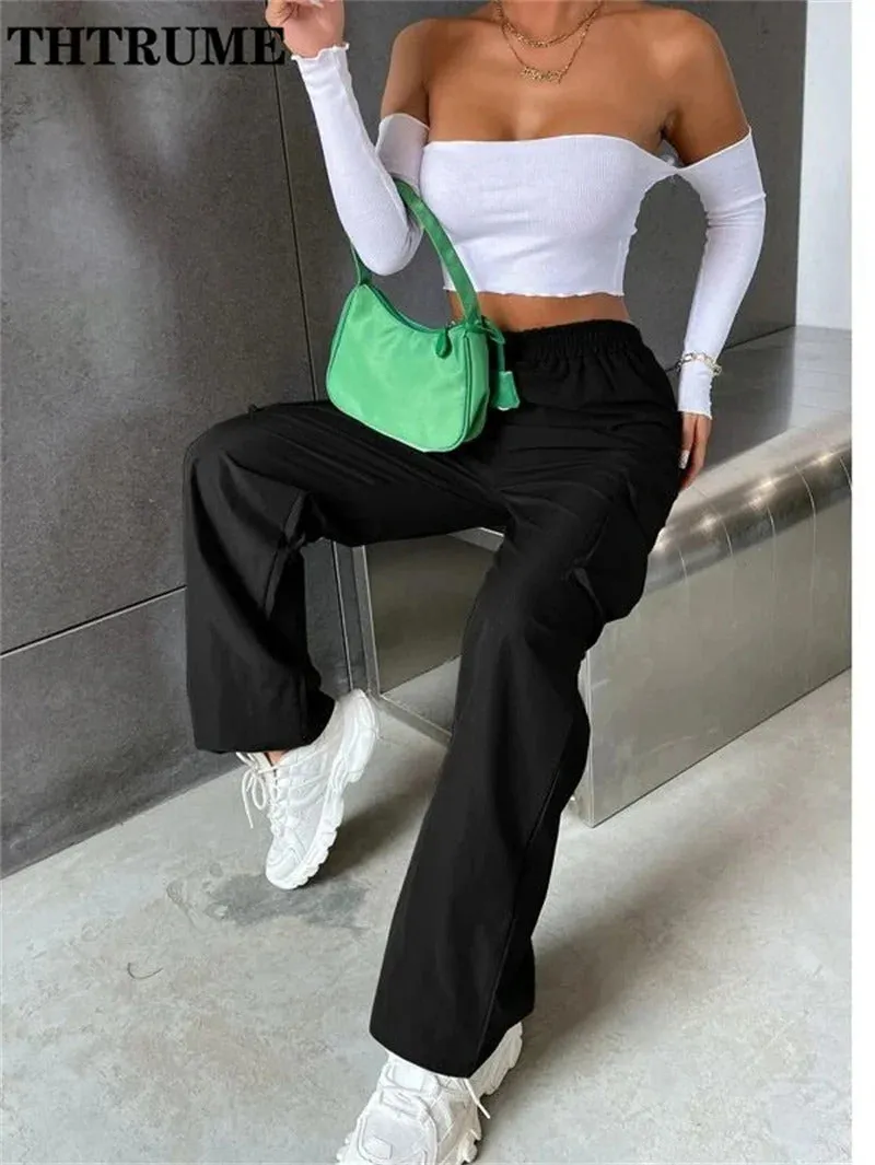 High Street Vintage Pants Fashion Solid High Elastic Waist Pocket Straight Cargo Pant Casual Office Lady Streetwear Y2K Trousers