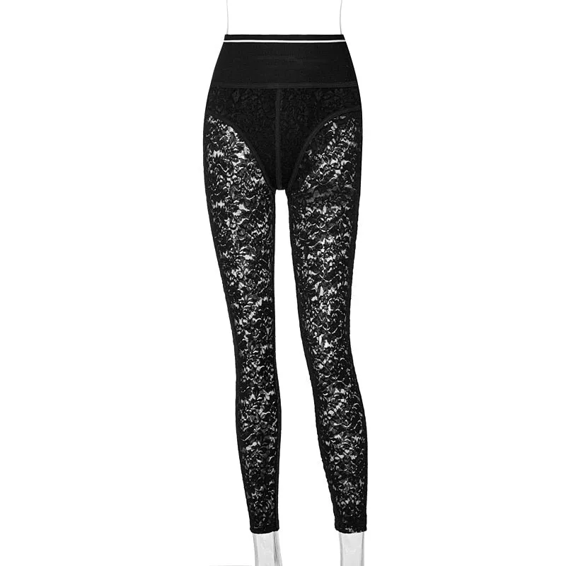 High Waist Lace See Through Zip Up Pants