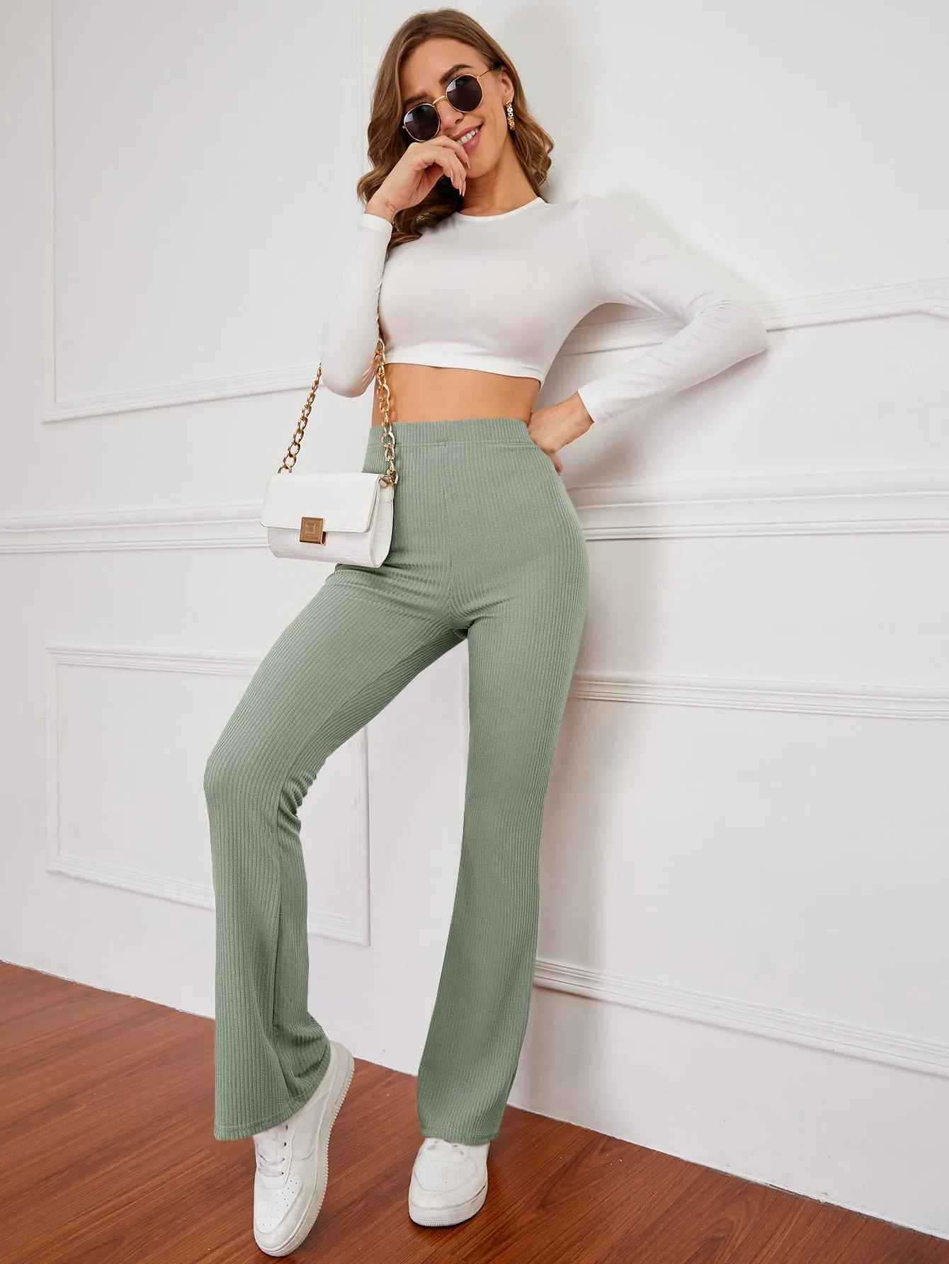 High Waist Ribbed Knit Flare Leg Pants