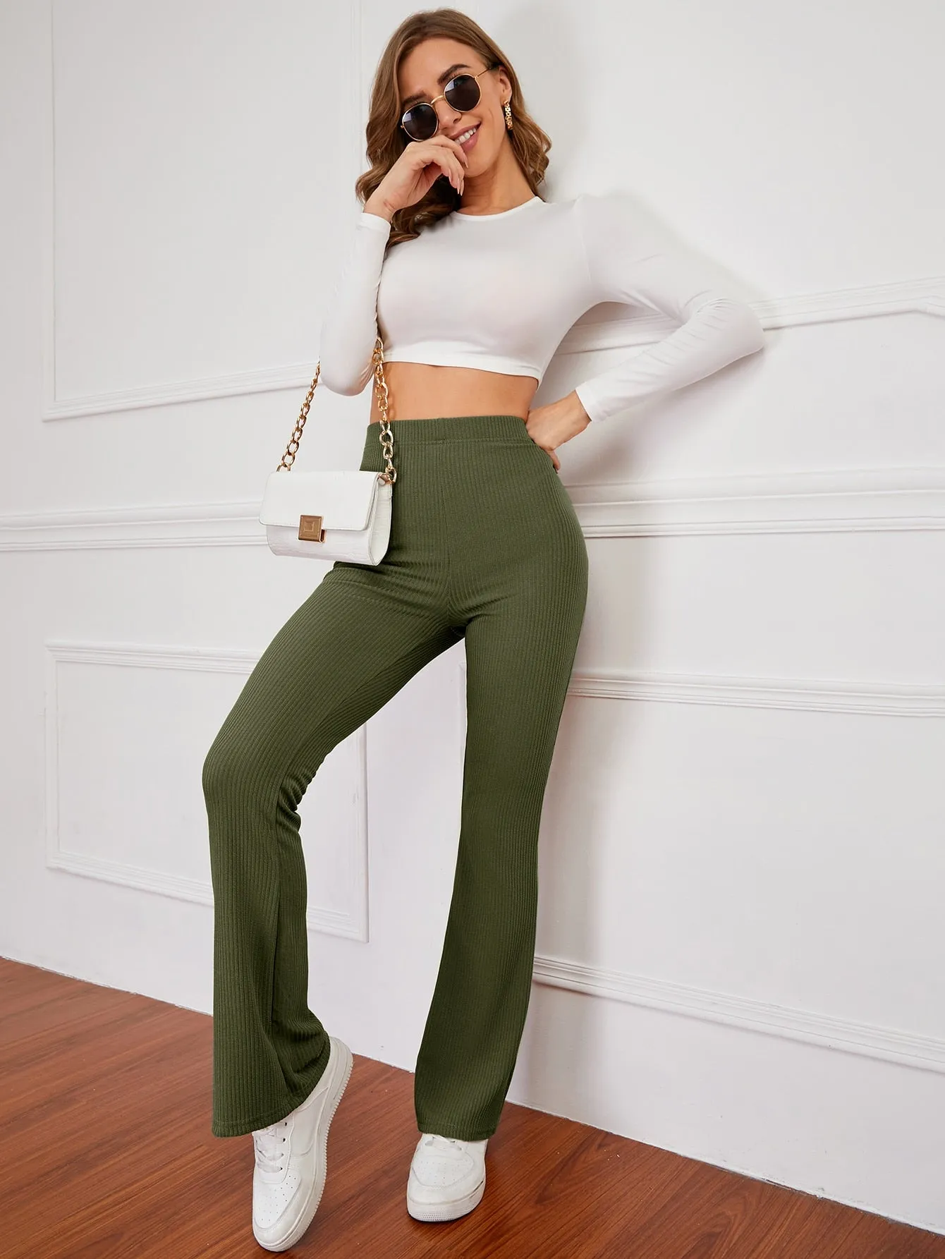 High Waist Ribbed Knit Flare Leg Pants