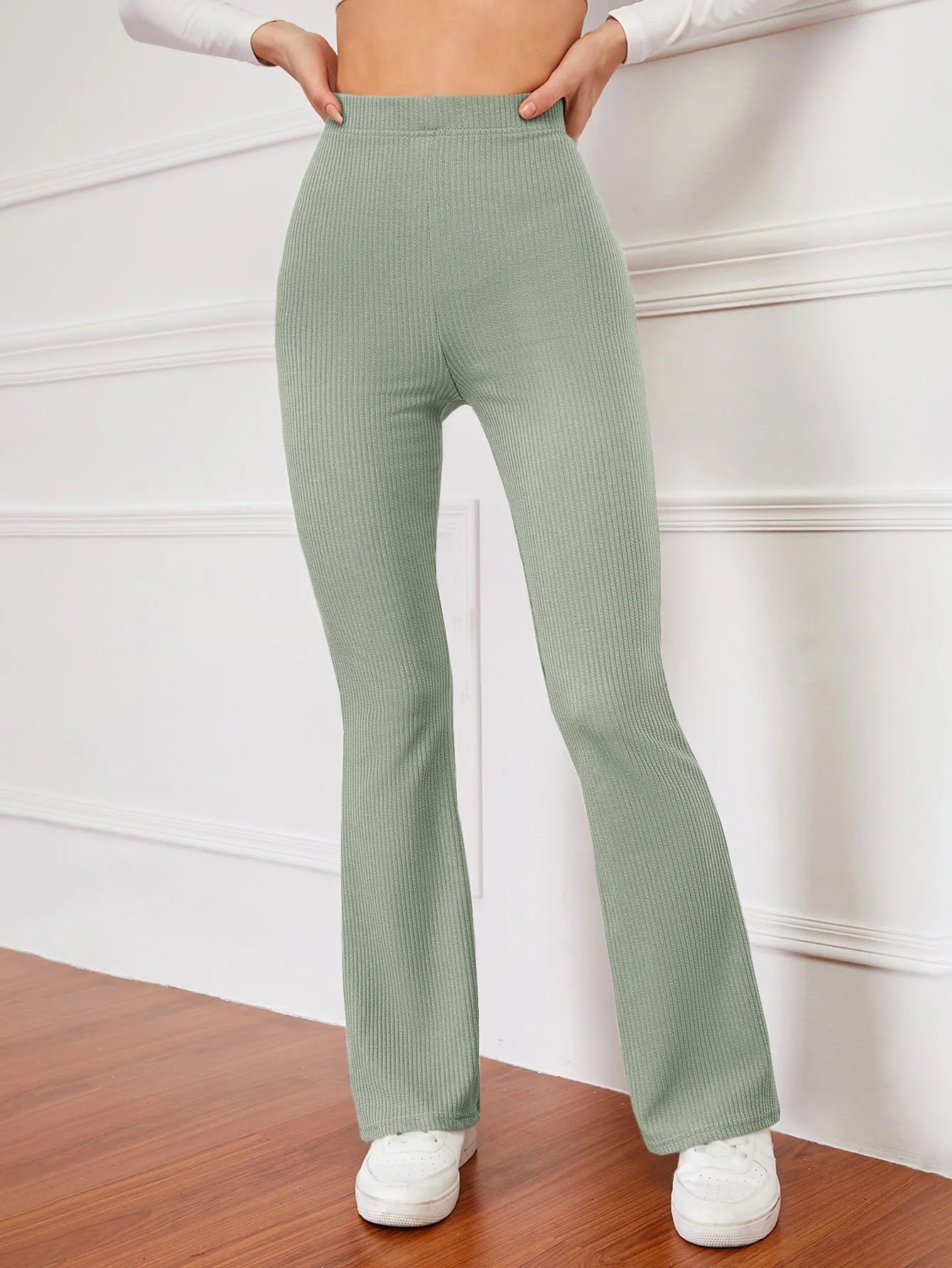 High Waist Ribbed Knit Flare Leg Pants