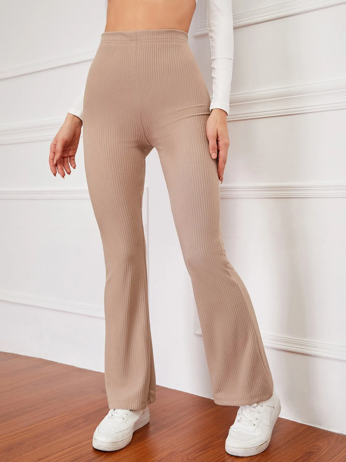 High Waist Ribbed Knit Flare Leg Pants