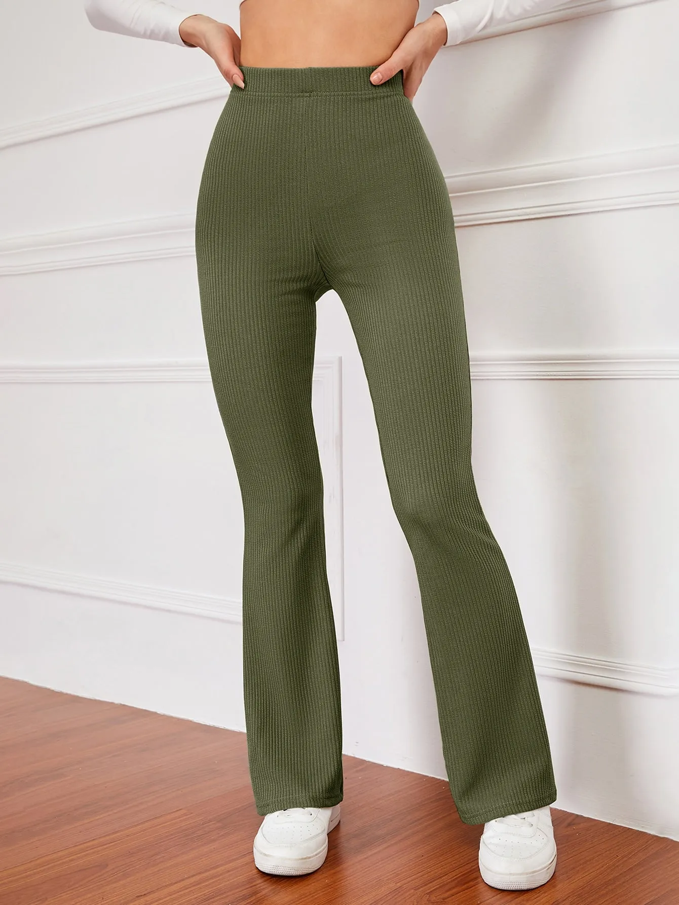 High Waist Ribbed Knit Flare Leg Pants