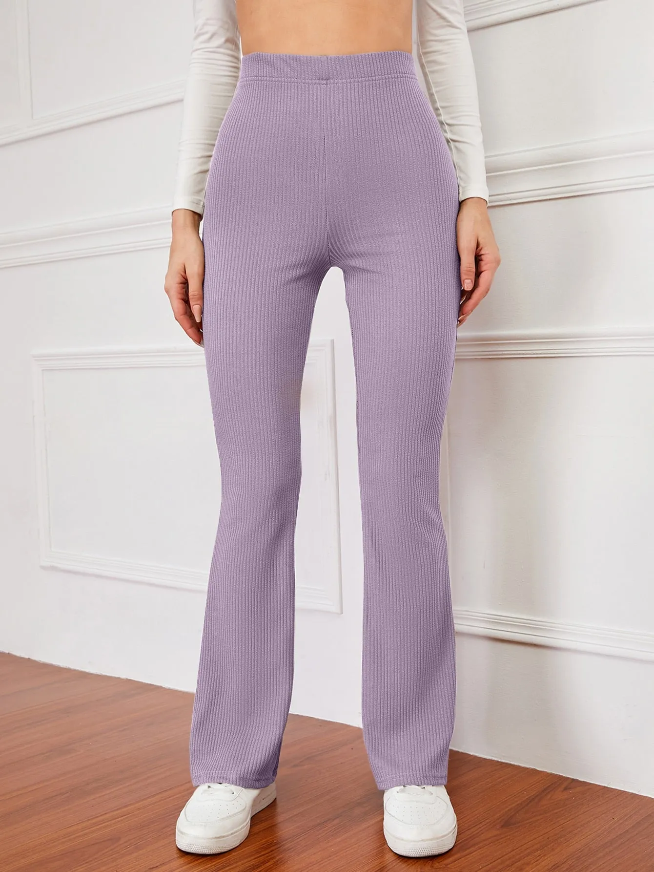 High Waist Ribbed Knit Flare Leg Pants