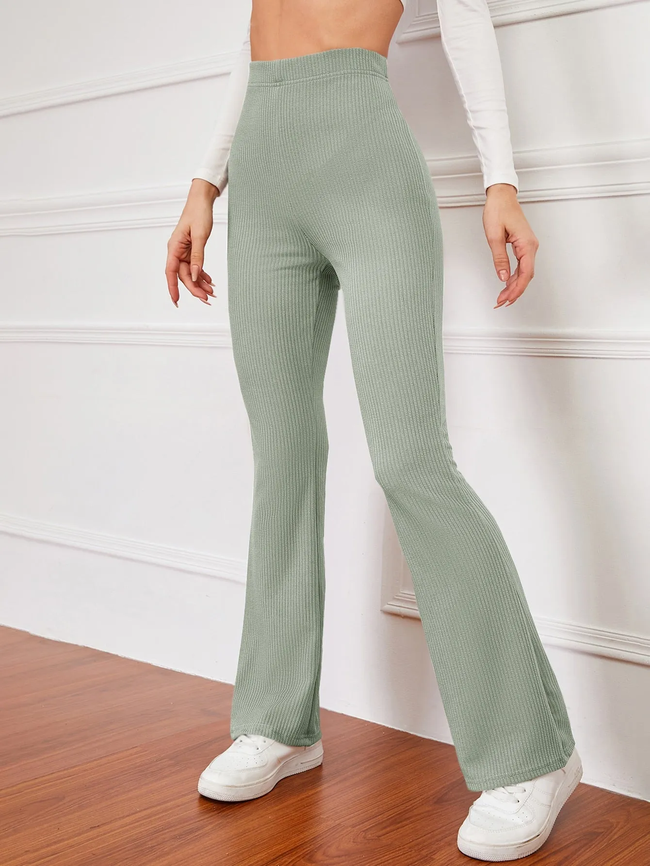 High Waist Ribbed Knit Flare Leg Pants