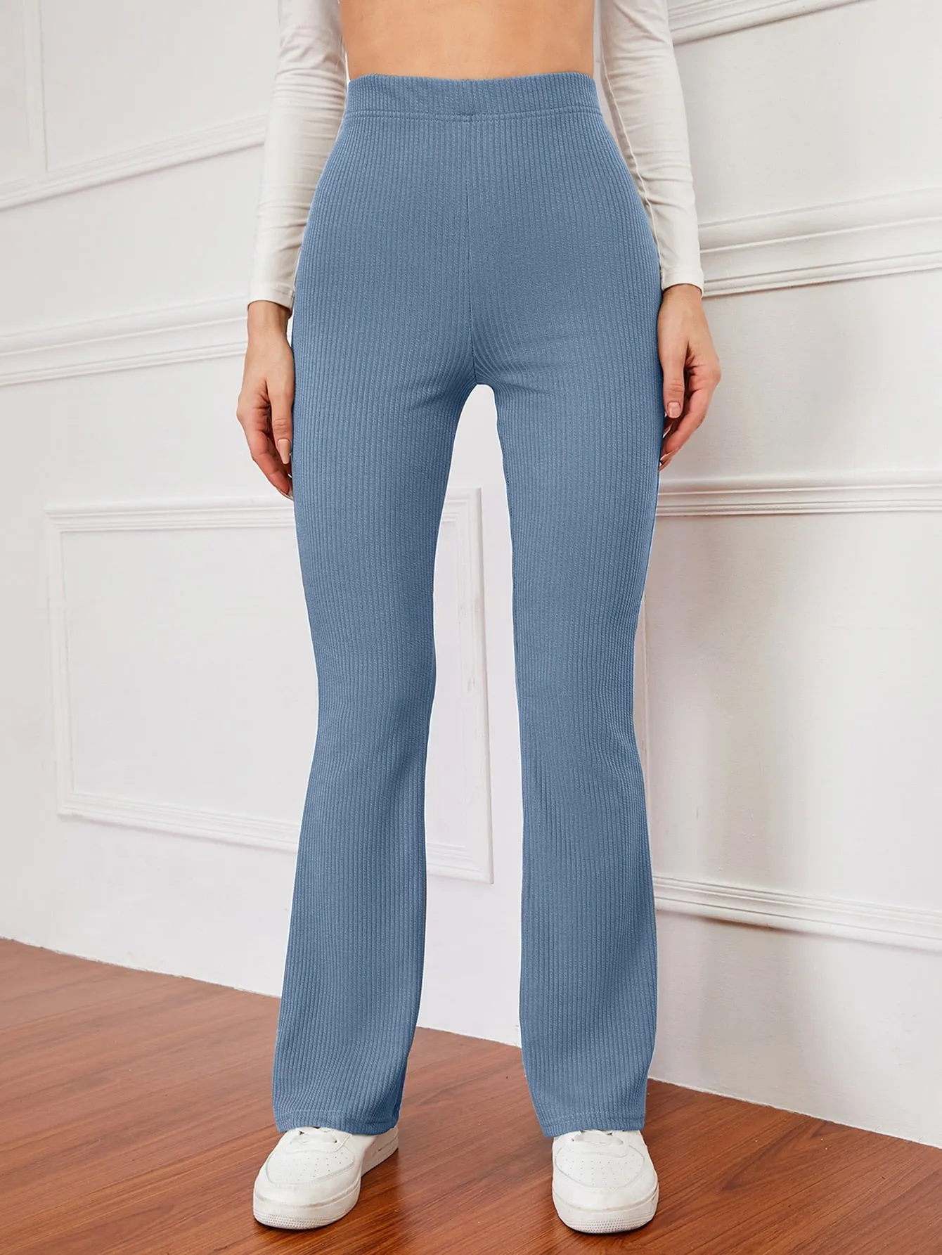 High Waist Ribbed Knit Flare Leg Pants