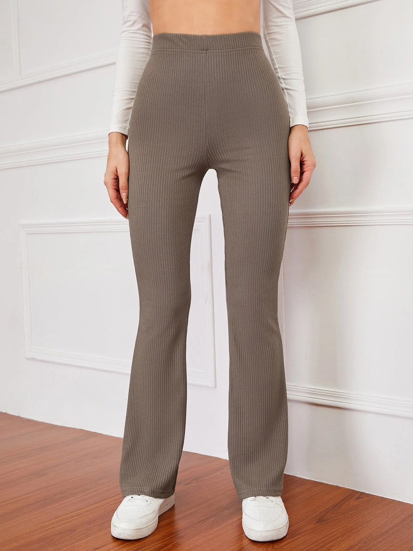 High Waist Ribbed Knit Flare Leg Pants