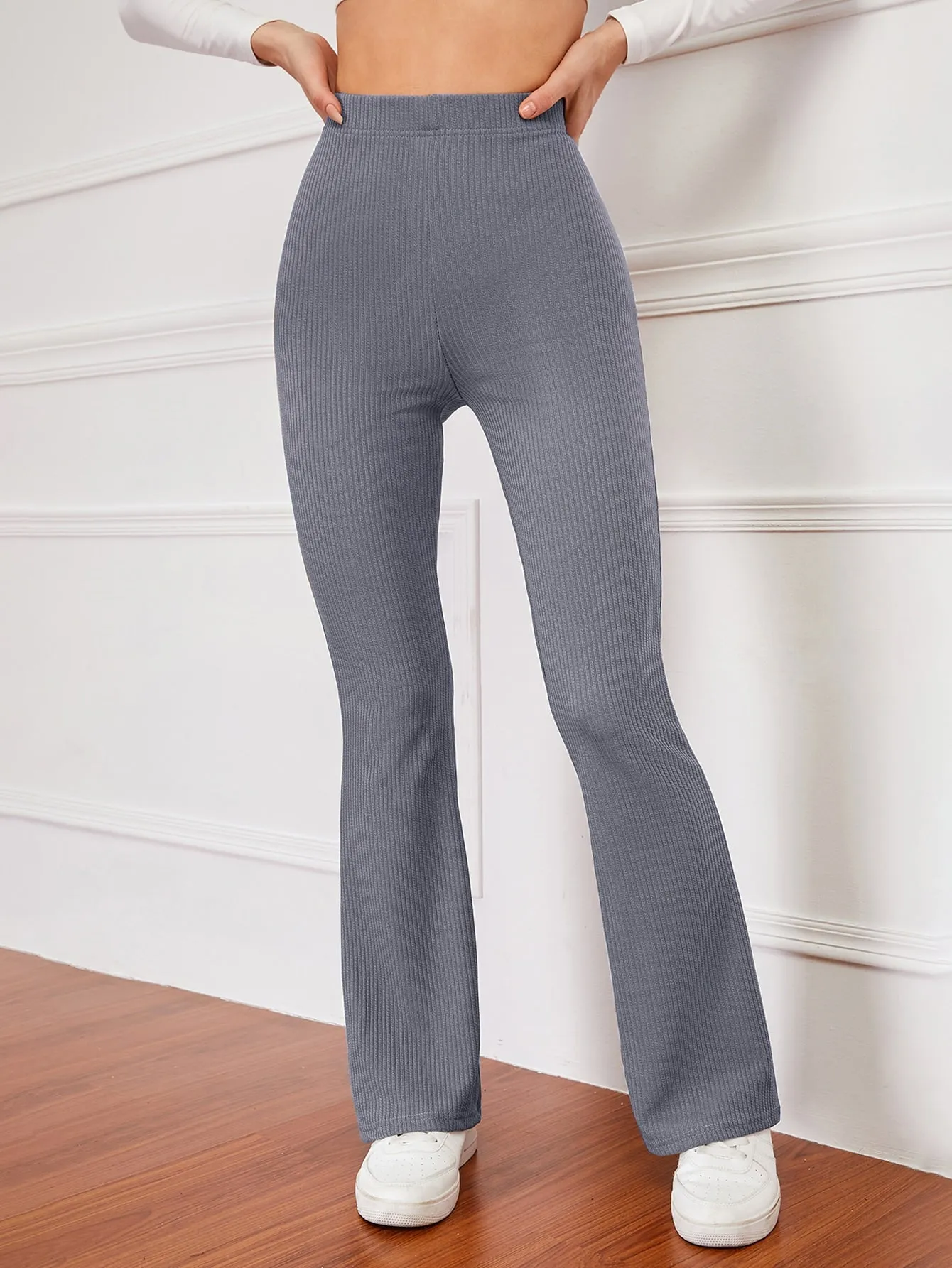 High Waist Ribbed Knit Flare Leg Pants