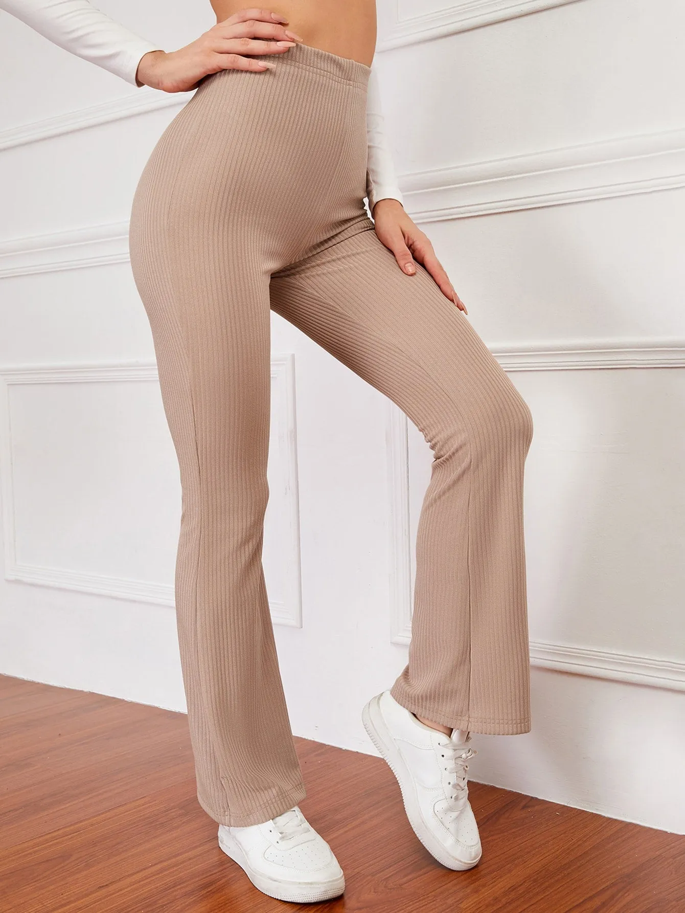 High Waist Ribbed Knit Flare Leg Pants