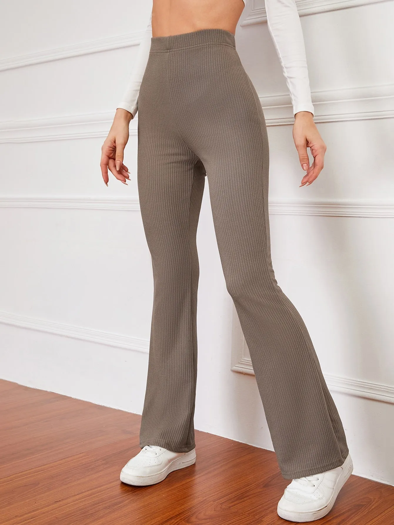 High Waist Ribbed Knit Flare Leg Pants