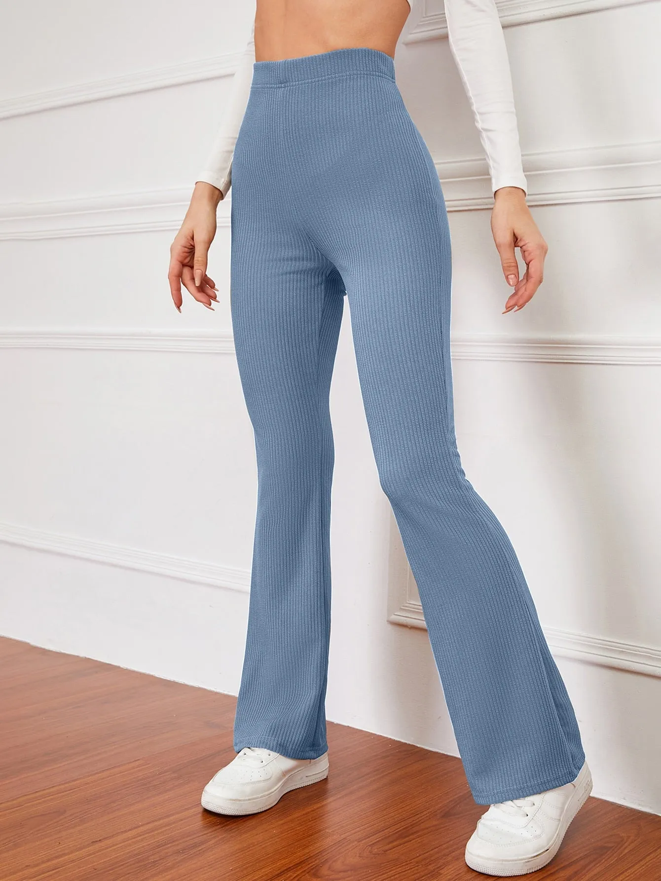 High Waist Ribbed Knit Flare Leg Pants