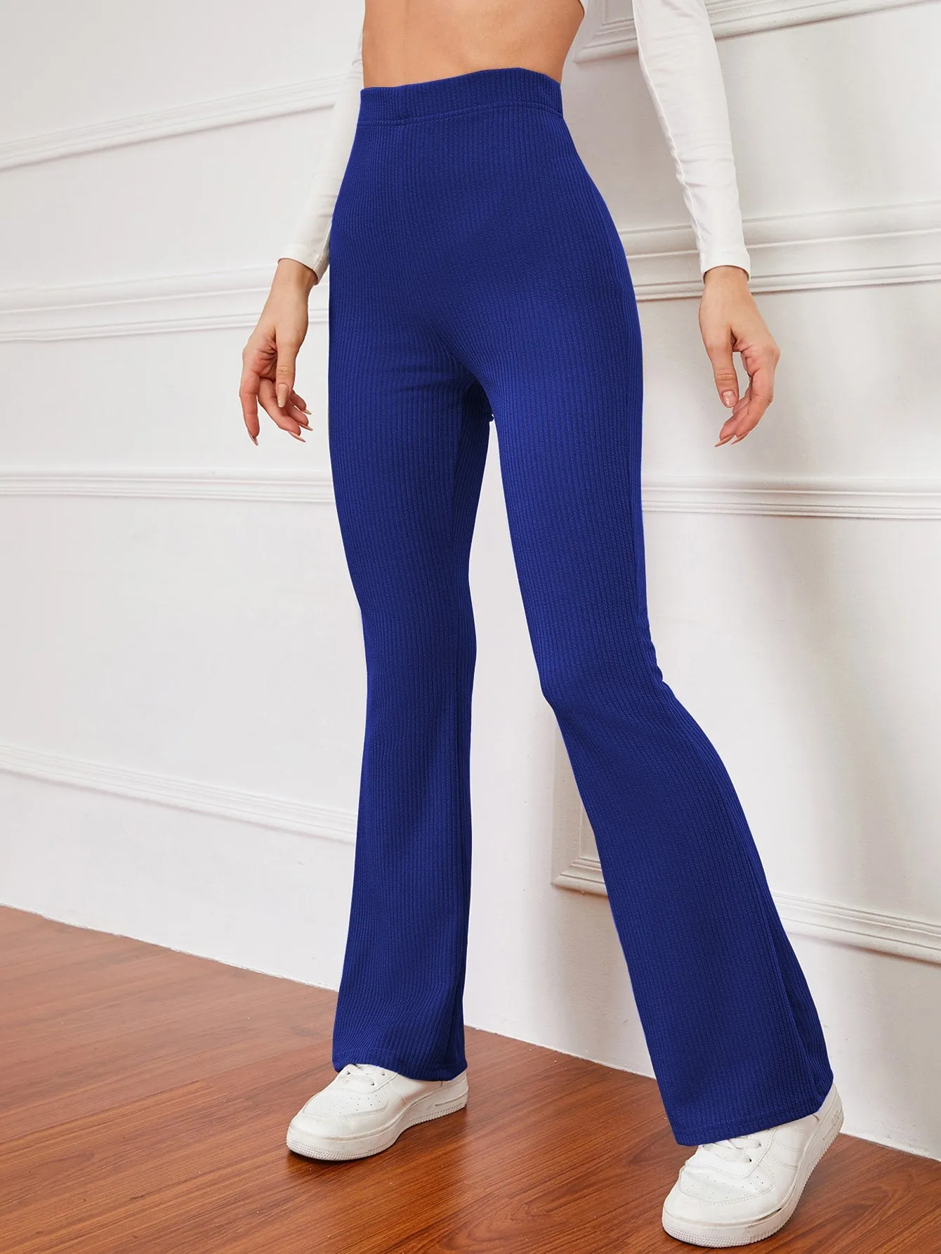 High Waist Ribbed Knit Flare Leg Pants