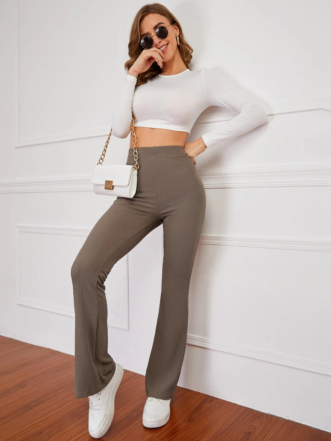 High Waist Ribbed Knit Flare Leg Pants