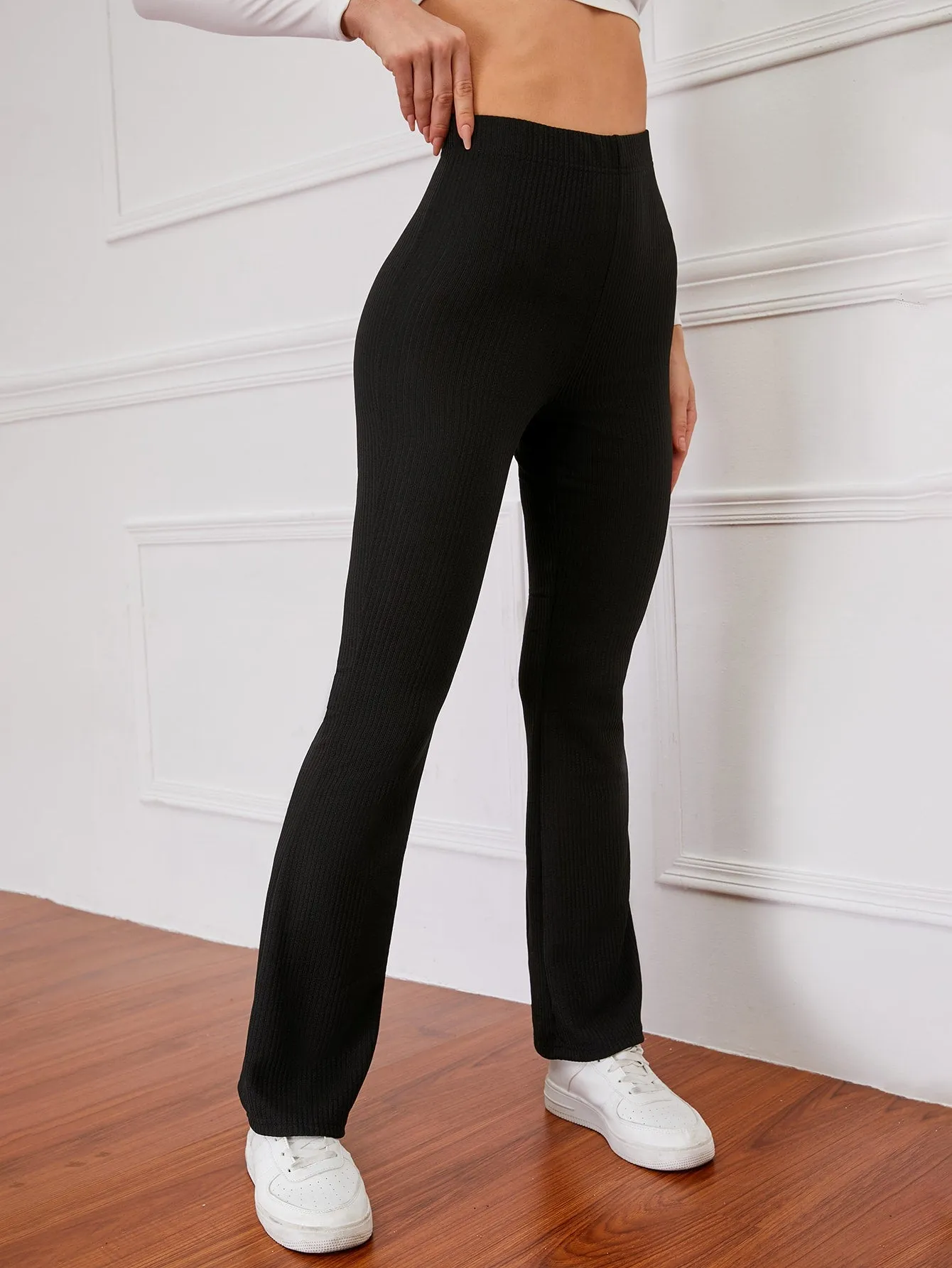 High Waist Ribbed Knit Flare Leg Pants