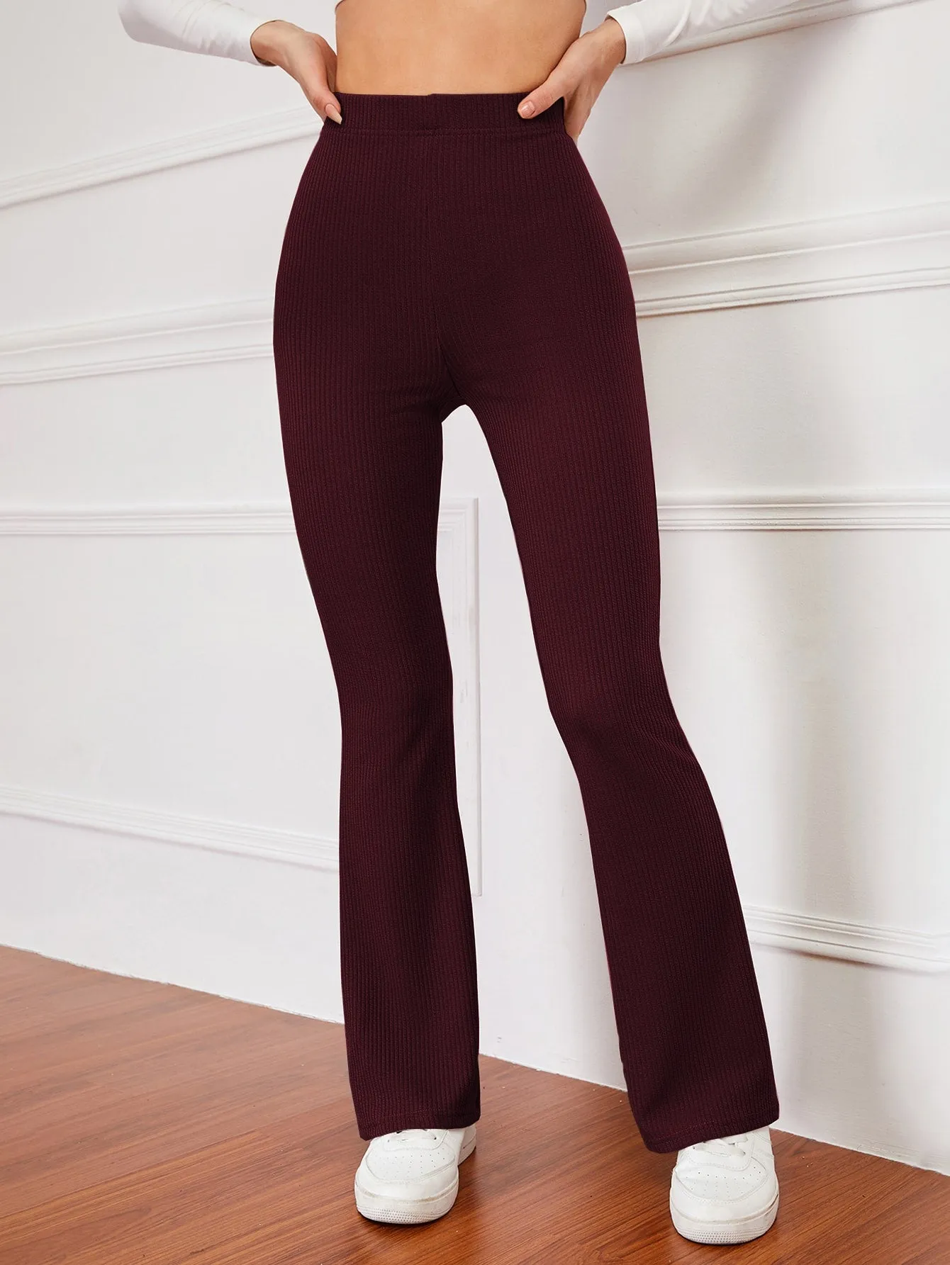 High Waist Ribbed Knit Flare Leg Pants