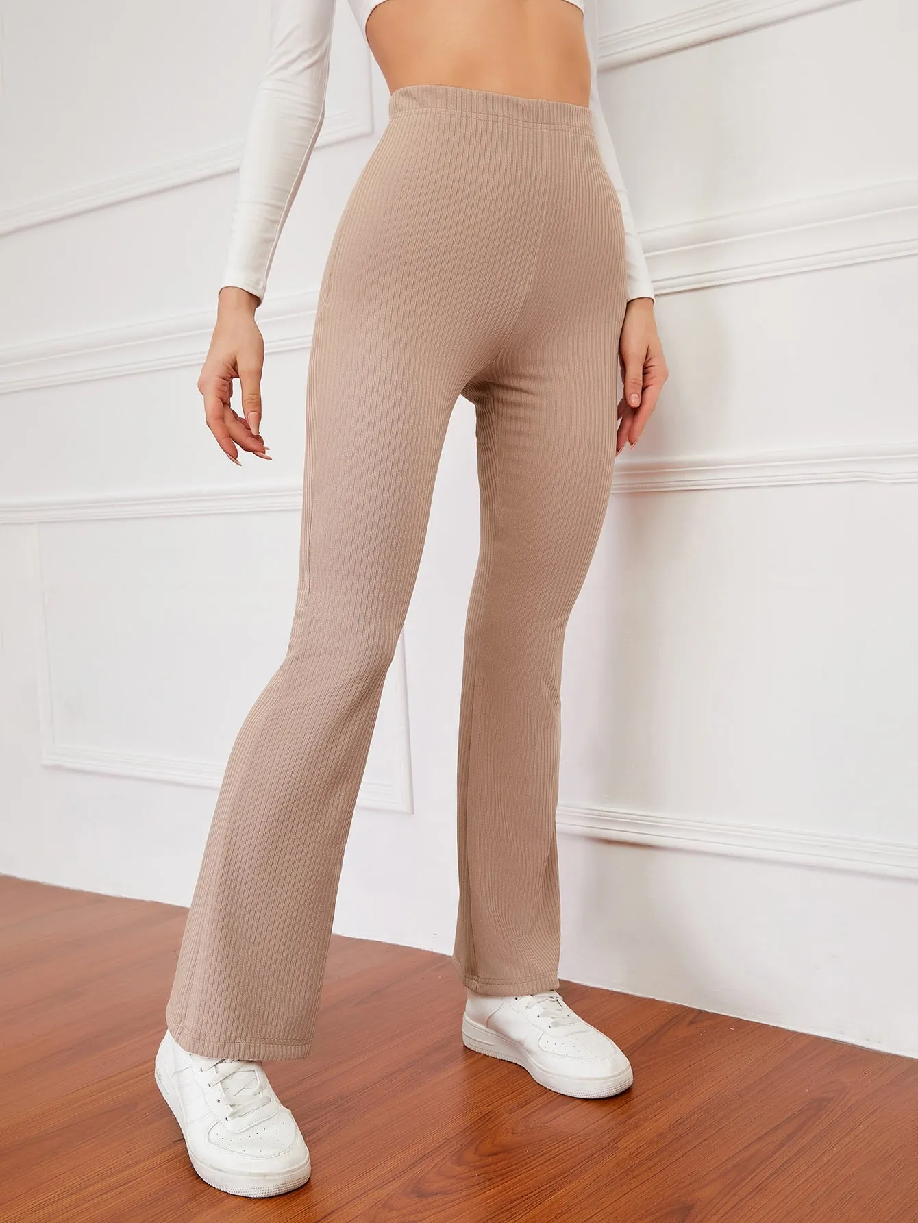 High Waist Ribbed Knit Flare Leg Pants