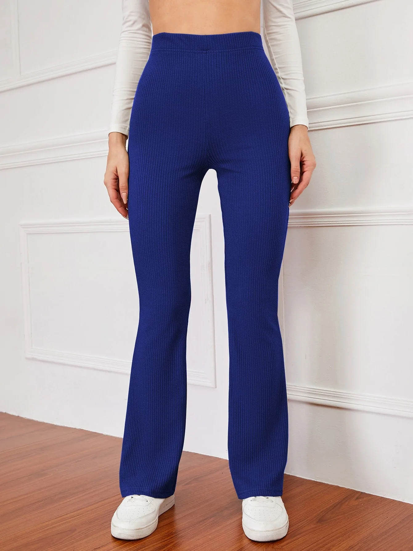 High Waist Ribbed Knit Flare Leg Pants