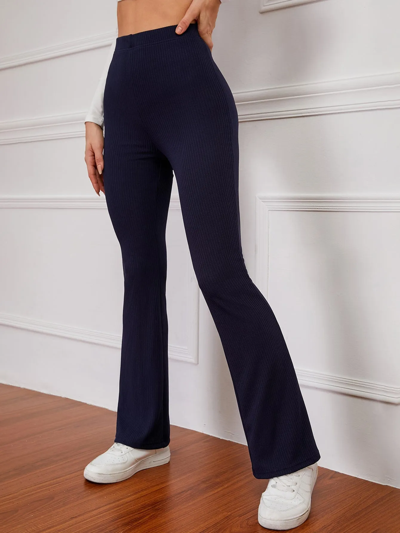 High Waist Ribbed Knit Flare Leg Pants