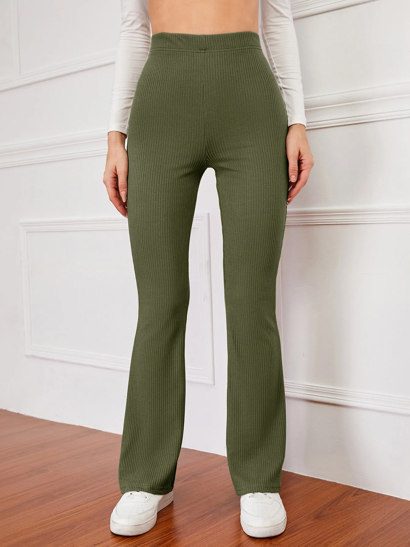 High Waist Ribbed Knit Flare Leg Pants