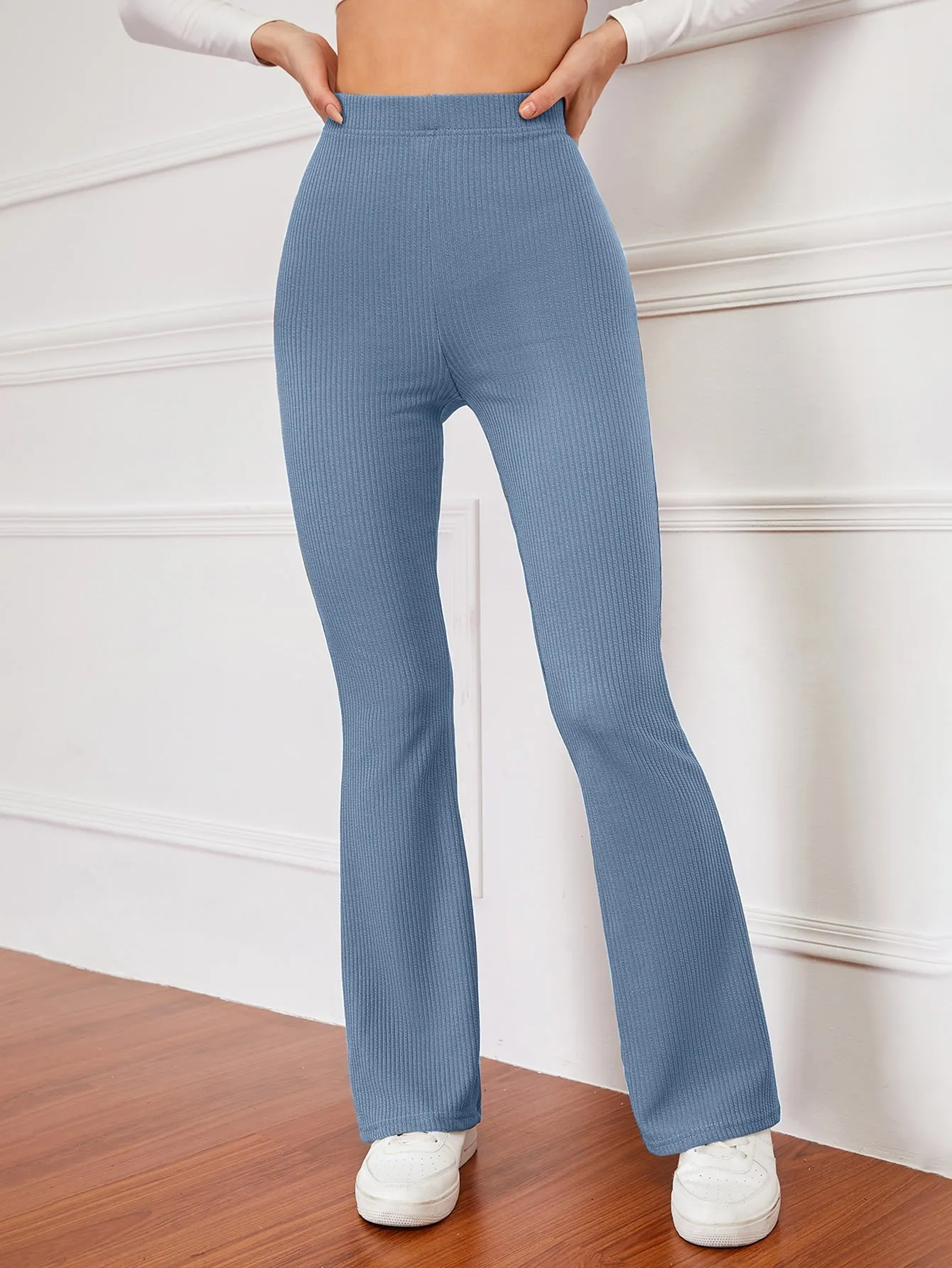 High Waist Ribbed Knit Flare Leg Pants