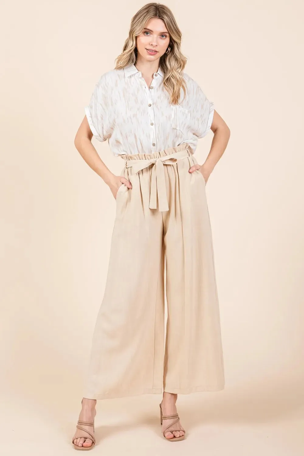 High Waist Tie Front Wide Leg Pants