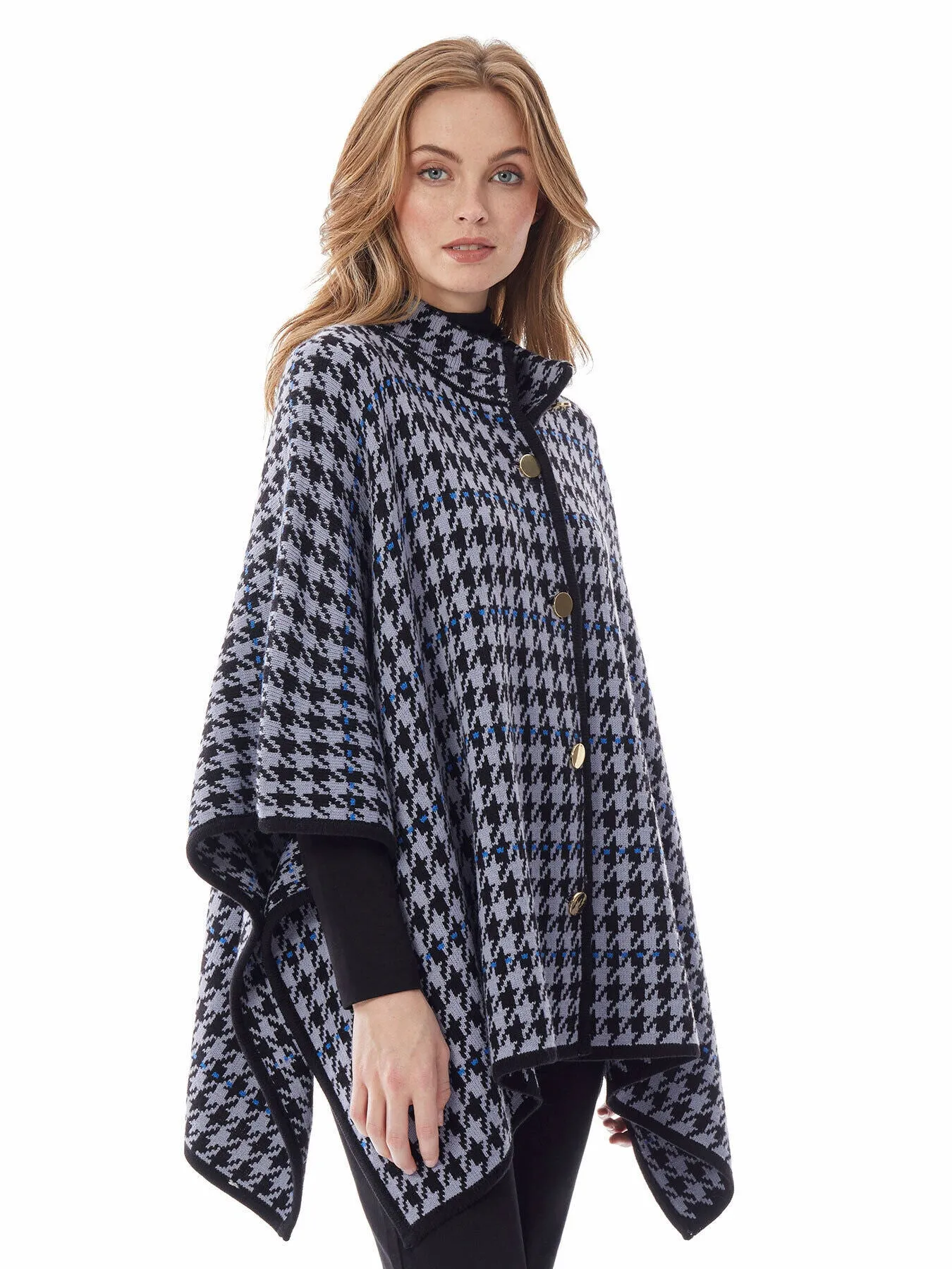 Houndstooth Button-Front Knit Cape