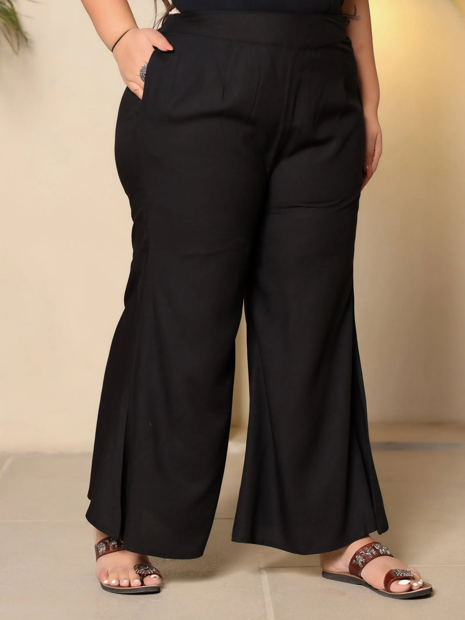 Jashvi Black Modal Rayon Women Partially Elasticated Plus Size Bell Bottom Pants With Single Side Pocket