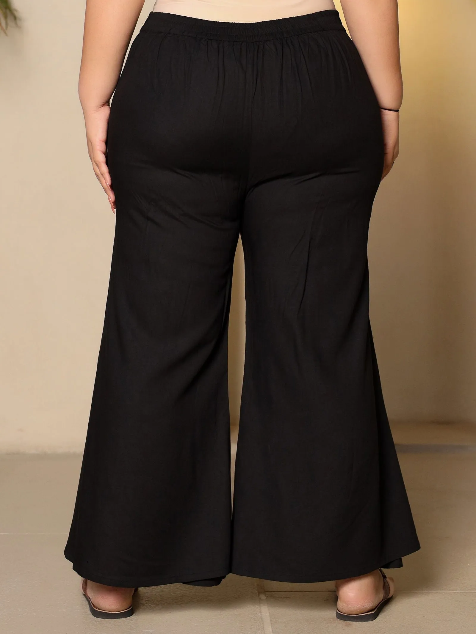 Jashvi Black Modal Rayon Women Partially Elasticated Plus Size Bell Bottom Pants With Single Side Pocket