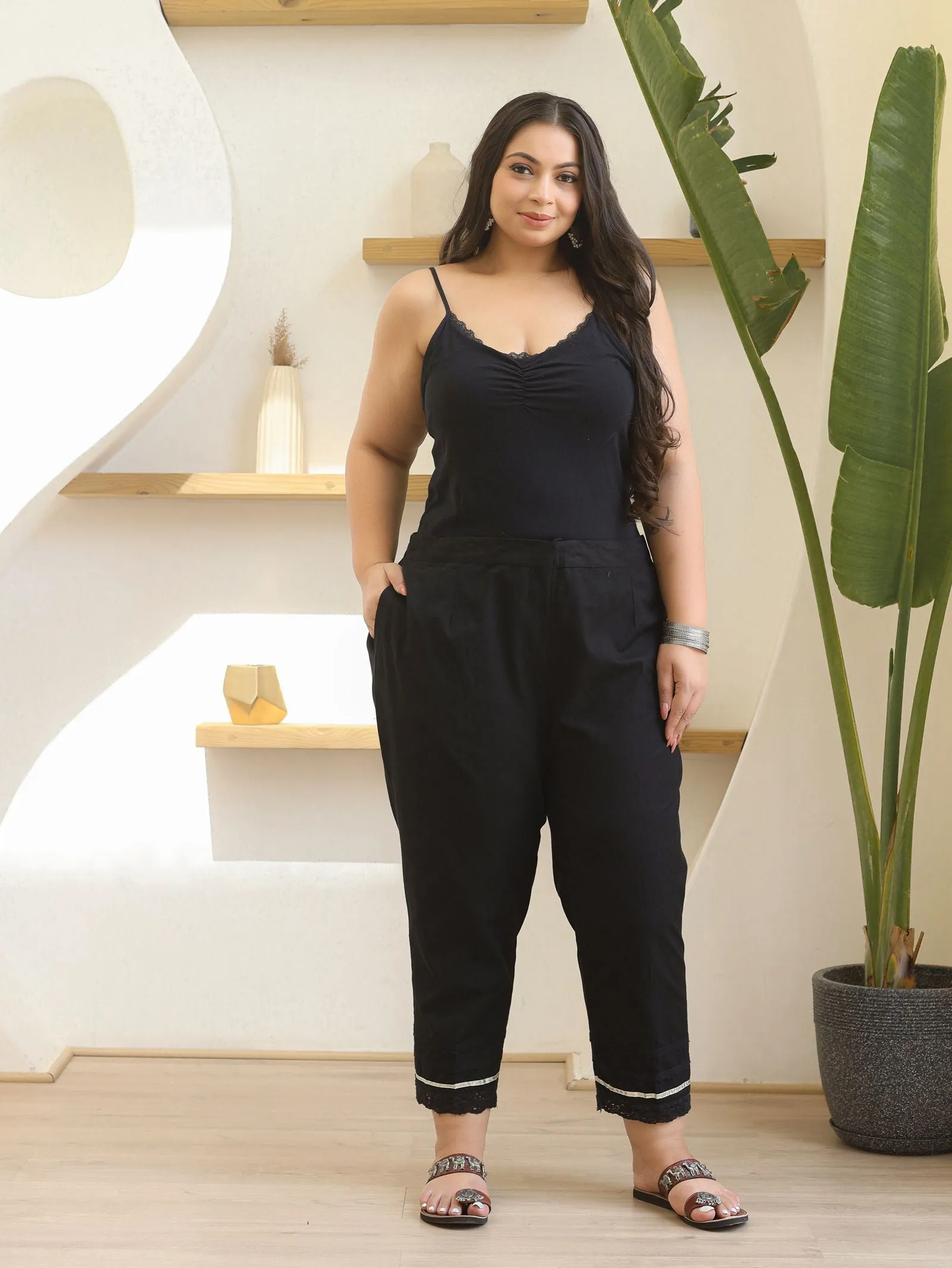 Jashvi Black Solid  Cotton Women Slim Fit Laced Plus Size Pants With Single Side Pocket & Drawstring